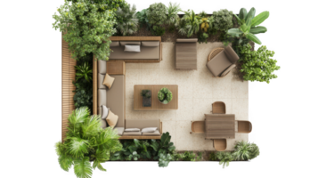Serene Rooftop Patio Design Overhead View of Tranquil Outdoor Oasis with Lush Greenery and Modern Furniture png