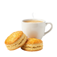 Two Golden Brown Scones with a Cup of Steaming Coffee isolated on transparent background png