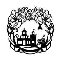 Back to School Paper Cut, School Building and Floral Frame vector