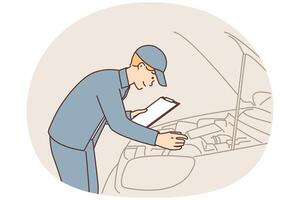 Mechanic inspecting car engine vector