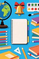 School supplies on a colorful desk with globe, notebooks, and art materials ready for a new academic year vector