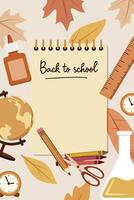 Creative back to school stationery and supplies arranged on a tabletop with autumn leaves and a globe vector