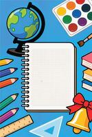 School supplies surround a blank notebook and globe on a vibrant blue background ready for the new academic year vector