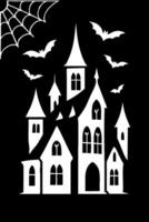 Haunted castle silhouette with bats and spider web for Halloween decorations vector