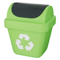 Green recycle bin with lid and white symbol, eco trash container for waste management png
