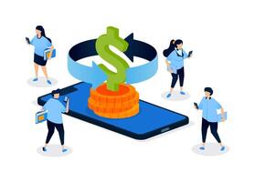 Illustration of money circulation in savings, investments, and daily spending through mobile finance apps, representing smart planning and financial flow. Can be used for banner, mobile app, website vector