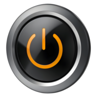 A close-up shows a power button with an orange symbol on a black center png