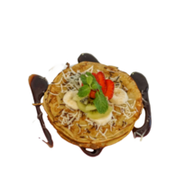 Pancake with fresh banana and strawberry on top of it png