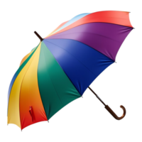Open Rainbow Umbrella with Wooden Handle and Colorful Fabric Design. png