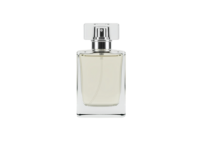 Elegant rectangular glass perfume bottle with silver spray nozzle isolated on transparent background png