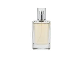 Perfume bottle with clear liquid and silver spray nozzle isolated on transparent background png