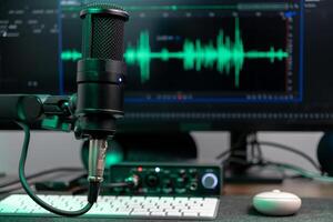 Black studio microphone with glowing green audio wave visualizer on computer monitor, representing professional podcasting, voice recording, and sound engineering photo