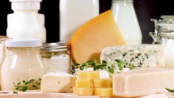 Assorted dairy items arranged neatly for presentation video