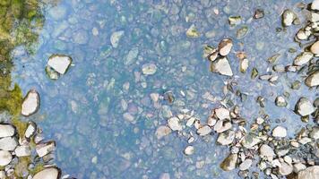 Drone footage captures a serene river with rocks and lush greenery, showcasing natural beauty from an aerial perspective video