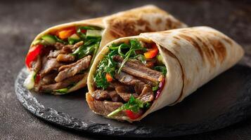 Perfectly grilled shawarma roll with fresh toppings image photo