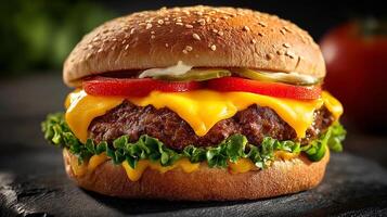 Natural daylight photography of cheeseburger with sesame bun and lettuce photo