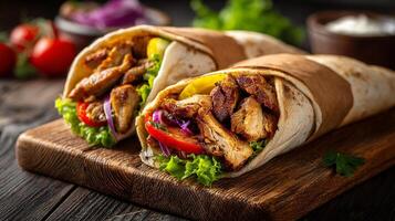 Shawarma wrap filled with greens and grilled meat image photo