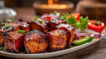 Delicious juicy kabab arranged with lemon wedges and juicy herbs on plate photo