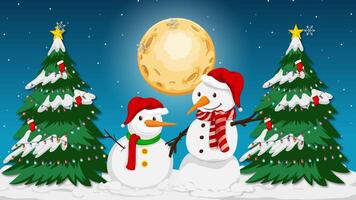 Santa Claus flies over joyful snowmen and Christmas trees video