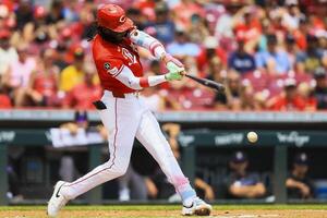 Cincinnati Reds shortstop Elly De La Cruz (44) hits a single in the third inning against the Colorado Rockies at Great American Ball Park. editorial_image