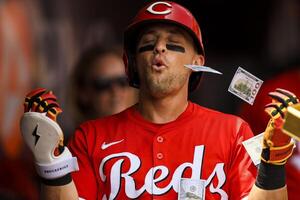 Cincinnati Reds outfielder TJ Friedl (29) celebrates after hitting a solo home run in the first inning against the Colorado Rockies at Great American Ball Park. editorial_image