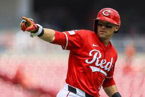 Cincinnati Reds outfielder TJ Friedl (29) points to the dugout after hitting a solo home run in the first inning against the Colorado Rockies at Great American Ball Park. editorial_image