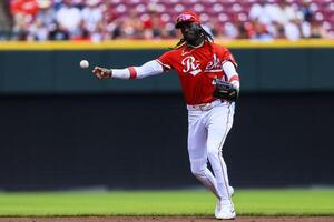 Cincinnati Reds shortstop Elly De La Cruz (44) throws to first to get Colorado Rockies outfielder Yanquiel Fernandez (not pictured) out in the second inning at Great American Ball Park. editorial_image
