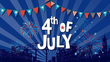 Dynamic fireworks animation with vibrant colors and city skyline, celebrating Independence Day with festive banners and bold typography video