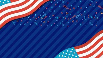 Animated American flag waves with vibrant confetti on a blue striped background. Energetic and patriotic mood throughout the 10-second sequence video