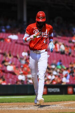 Cincinnati Reds shortstop Elly De La Cruz (44) scores on a single hit by first baseman Spencer Steer (7) in the seventh inning against the Colorado Rockies at Great American Ball Park. editorial_image
