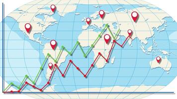 Dynamic line graphs over a world map highlight global economic fluctuations with vibrant colors and strategic location markers video