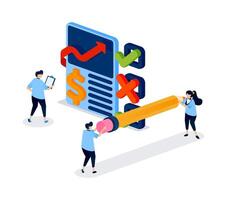 People answering quiz or exam-style options linked to financial charts and graphs, symbolizing decision making in statistics, finance, and investment. Can be used for banner, mobile app, website, card vector
