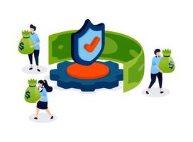 financial mechanism secured with a check marked shield icon represents protected investments, trusted systems, and guaranteed transaction safety. Can be used for banner, mobile app, website, ads vector