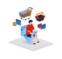 People sitting on toilets while browsing and shopping online metaphorically reflect how modern consumer behavior mixes personal time with financial activity. Can be used for banner, mobile app, ads vector