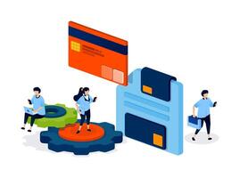 Floppy disks and credit cards are shown as storage tools, representing the digital recording and saving of financial transactions and banking information. Can be used for banner, mobile app, website vector
