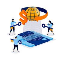 Floppy disks and dollar bills are shown circulating digitally in trade and banking, representing financial data storage across online networks and servers. Can be used for banner, mobile app, website vector