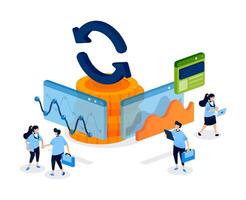 stack of coins and a financial flow chart visualized in financial software to represent savings, circulation, and systematic economic analysis tools. Can be used for banner, mobile app, website, card vector
