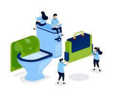 Visual metaphor of poor financial management at work, with money entering a toilet and a briefcase, symbolizing loss, waste, and company mismanagement. Can be used for banner, mobile app, website, ads vector