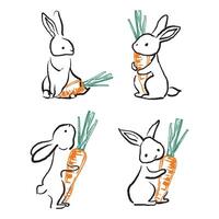Cute Bunnies with Carrots - Hand-Drawn Line Art vector