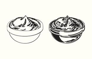 Vintage black and white illustration of mustard in a bowl set vector
