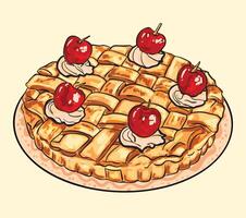 Lattice Apple Pie with Whipped Cream and Cherries Illustration vector