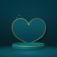 Romantic 3D Heart Podium with Gold Frame on Dark Teal Background. vector