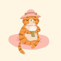 Cat character in hat drinking fresh juice vector