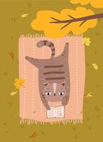 Cat reading a book on a blanket vector