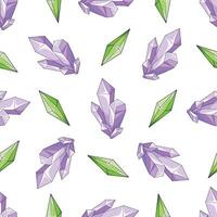 A seamless pattern with magical, light-reflecting purple and green crystals. vector