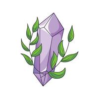 Purple crystal with green leaves, quartz, mineral, ice, magical element decorated with leaves vector