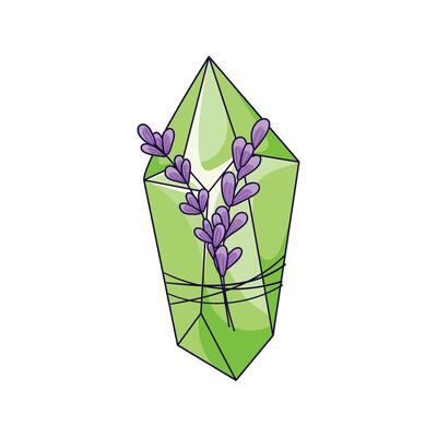 Green crystal with flowers tied with a thread. Magical element, mineral, emerald, colored crystal for alchemy, esoteric