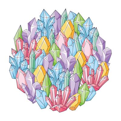 A background of multicolored crystals, transparent light-reflecting quartzes, diamonds, emeralds, and ice.