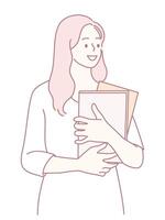 A Cheerful Young Woman Holding Several Books in a Delightful Minimalist Style for Ease and Clarity vector