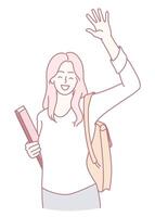 A cheerful student waves with her backpack of books, showing enthusiasm for learning and friendship vector